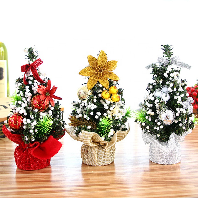 20CM Mini Tabletop Desktop Artificial Christmas Tree Decor with Bows and Baubles Ornaments Decorations