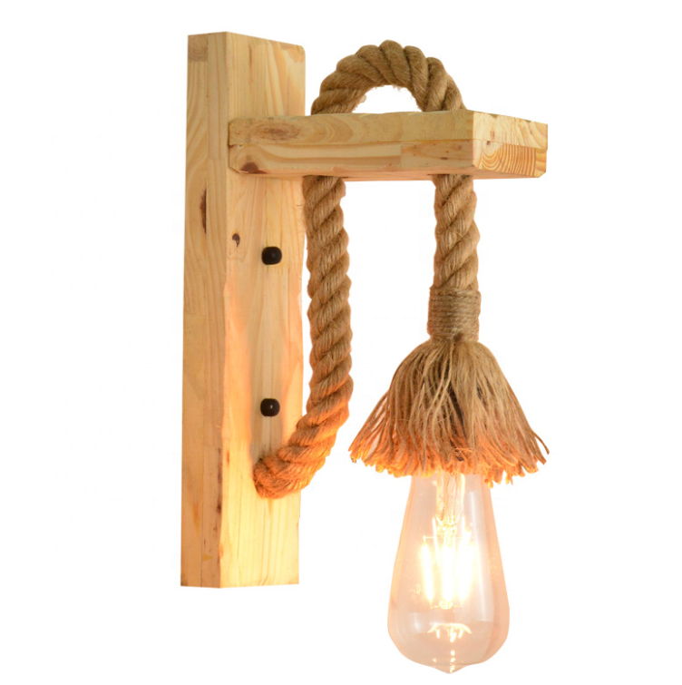 Vintage industrial wooden base hemp rope E27 socket interior aparment bed side wall lamp for reading