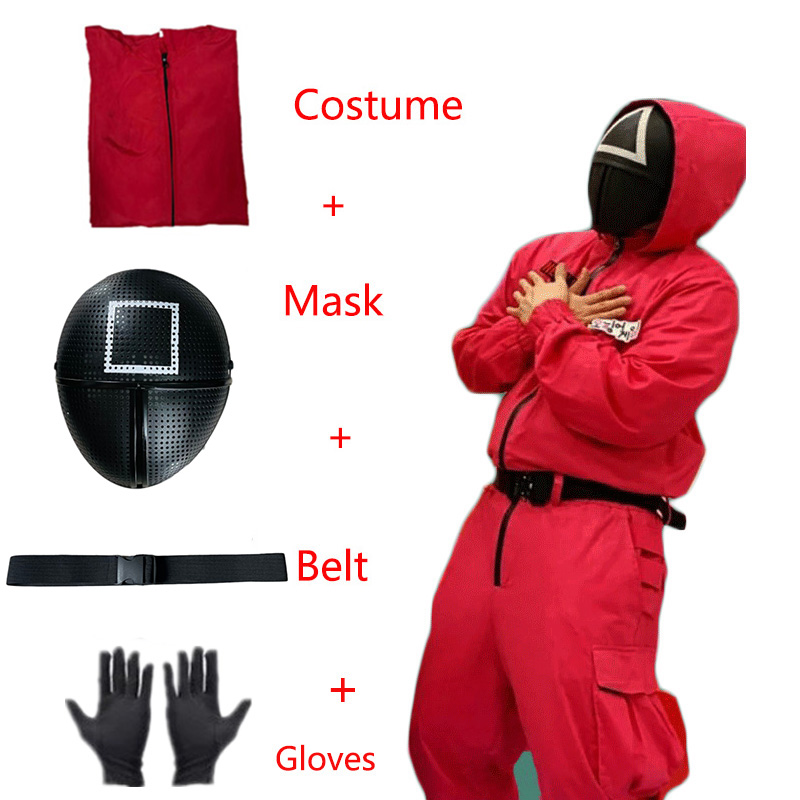 Halloween Party Costume Mask Cosplay Jumpsuit Round Six Square Circle Triangle Plastic Helmet Masks Suit Squid Game Costume