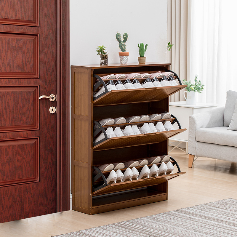 Shoe rack household multi-layer wooden shoe cabinet door dustproof porch solid wood tipping bucket ultra-thin shoe cabinet