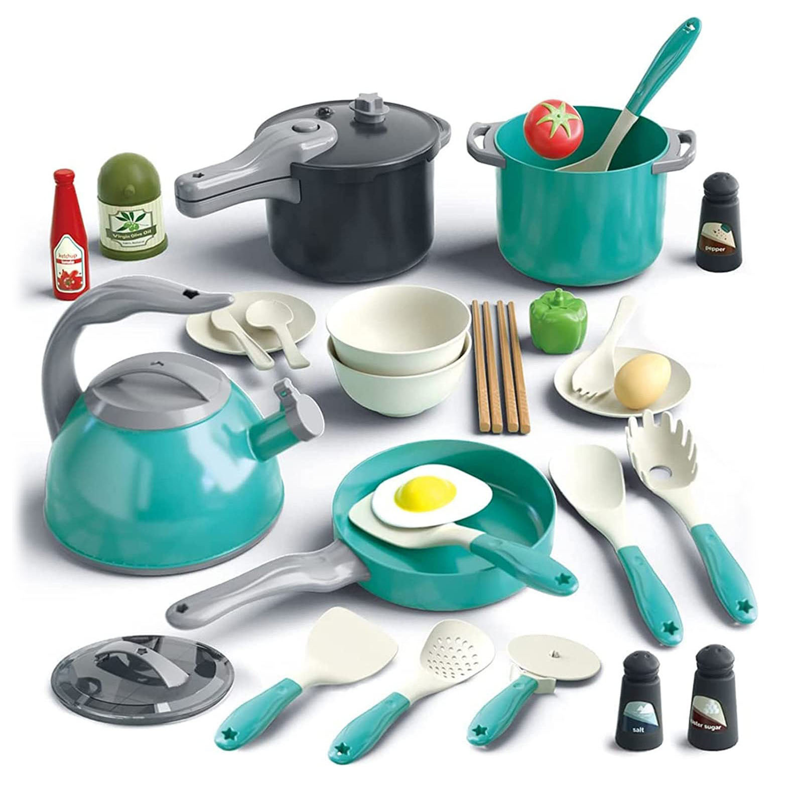 32Pcs Kids Kitchen Toy Accessories, Toddler Pretend Cooking Play set with Play Pots, Pans, Utensils Cookware Toys Play Food Set