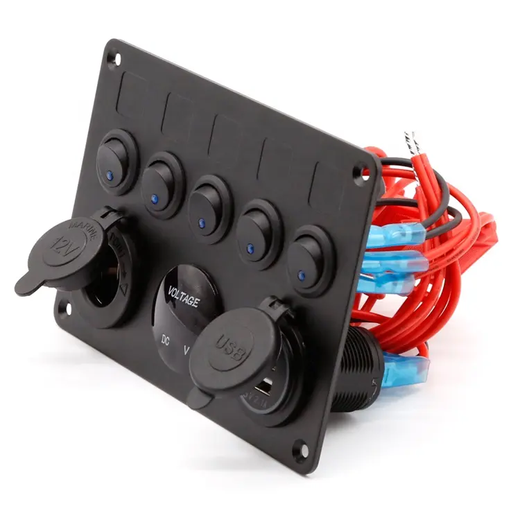 5 Gang LED Rocker Switch Panel Voltmeter Blue Socket Rocker Switch Car Boat Marine USB Switch with Inline Fuse Box