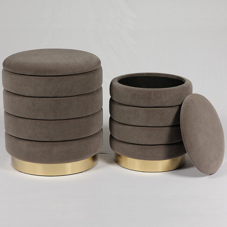 Decorative Set of 2 Round Ottoman Velvet Storage Ottoman Stool With Gold Ring Base home accent chair