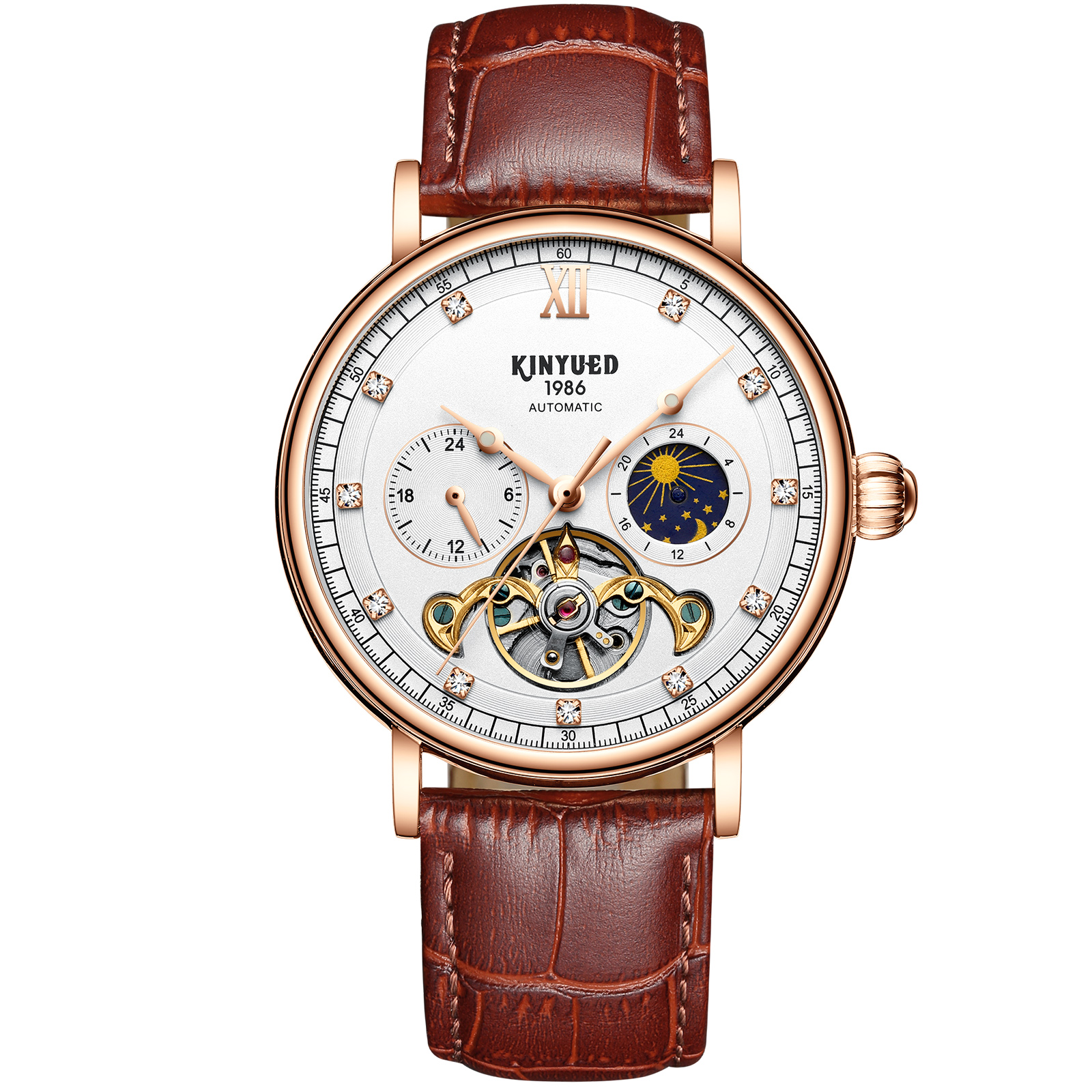 KINYUED J053 Luxury Watch Mechanical Moon Phase Calendar High Quality Automatic Tourbillon Mechanical Men Watches