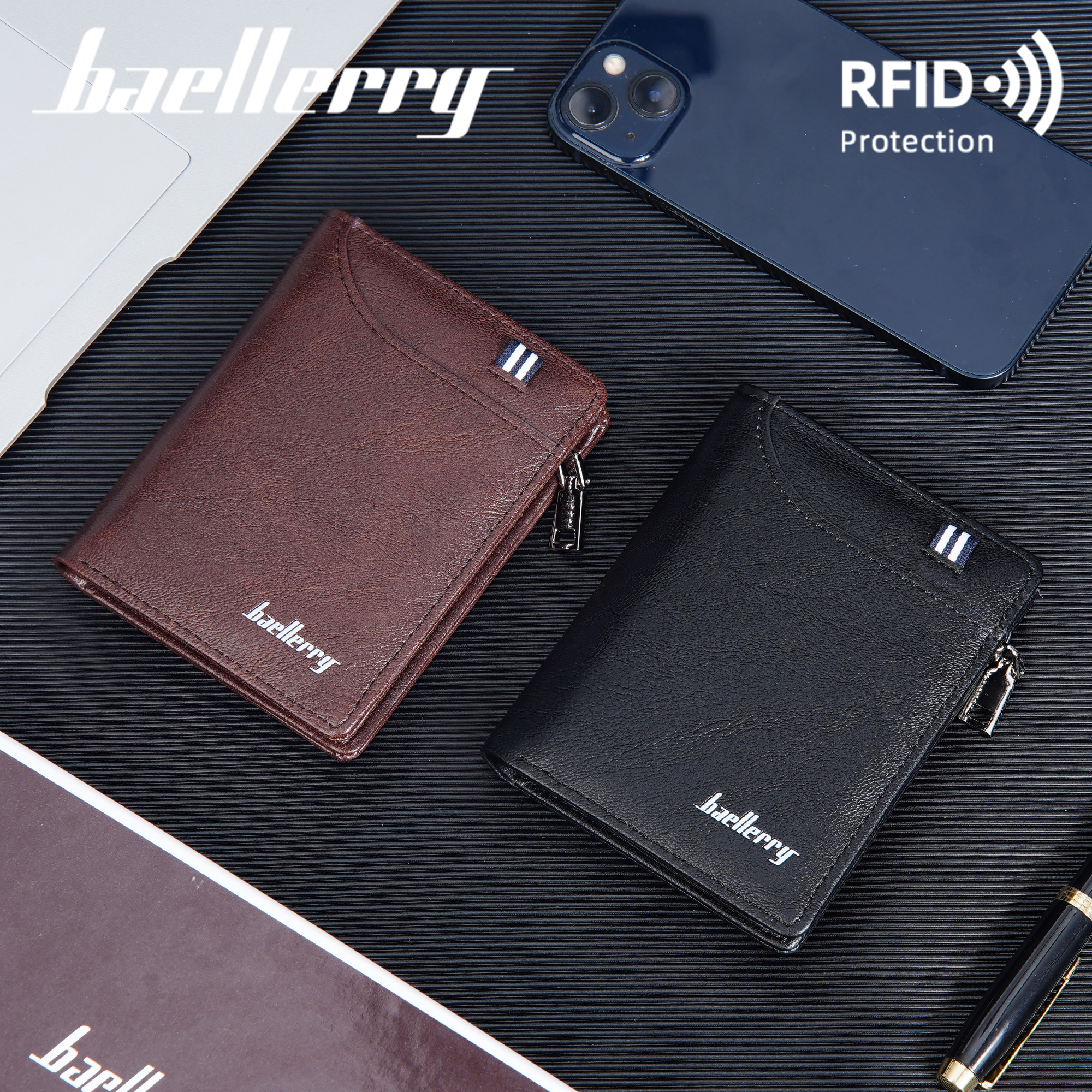 Baellerry New Design FRID men's short style PU leather zipper wallets solid color card holders wallet men's coin purse