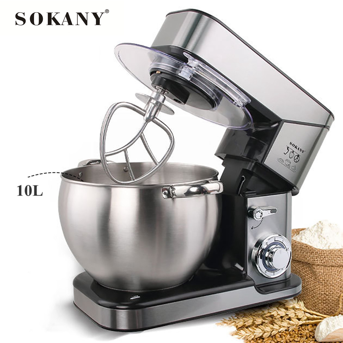 SOKANY Stand Mixer Stainless Steel 10L Bowl 6-speed Kitchen Food Blender Cream Egg Whisk Cake Dough Kneader Bread Mixer Maker S