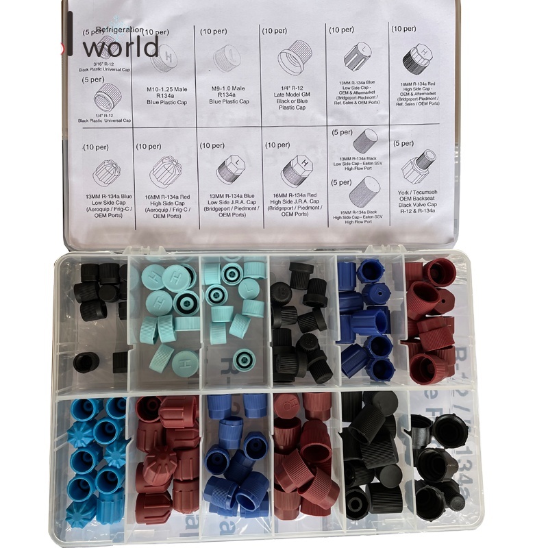 115pcs R12 R134a plastic universal valve cap set car A/C low and high side cap refrigerant liquid dust cap kit