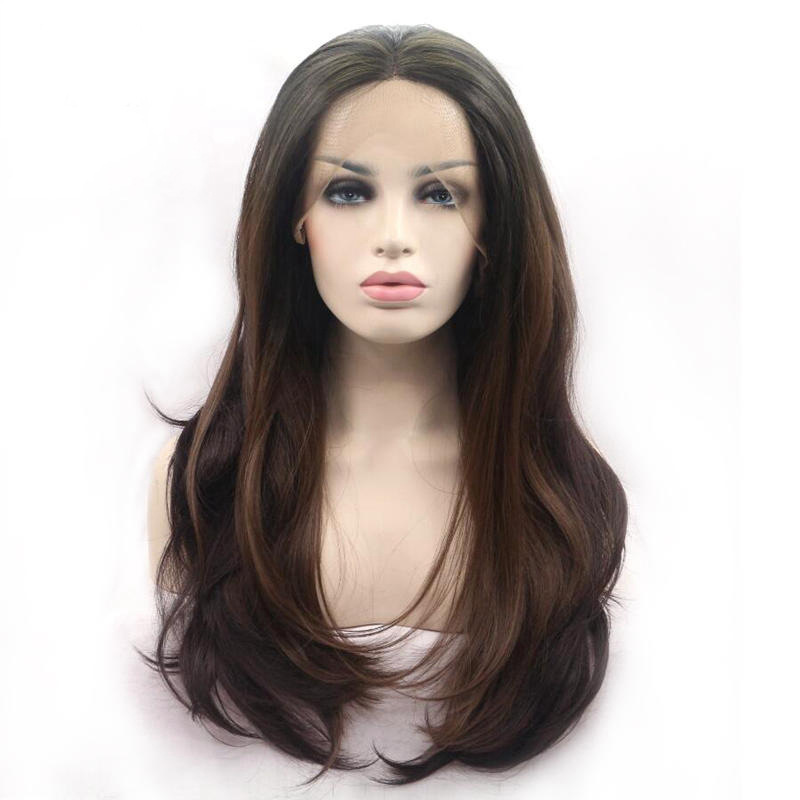 Black Brown Gradient front lace curly hair matte hand-woven realistic long wig medium chemical fiber sheath factory wholesale
