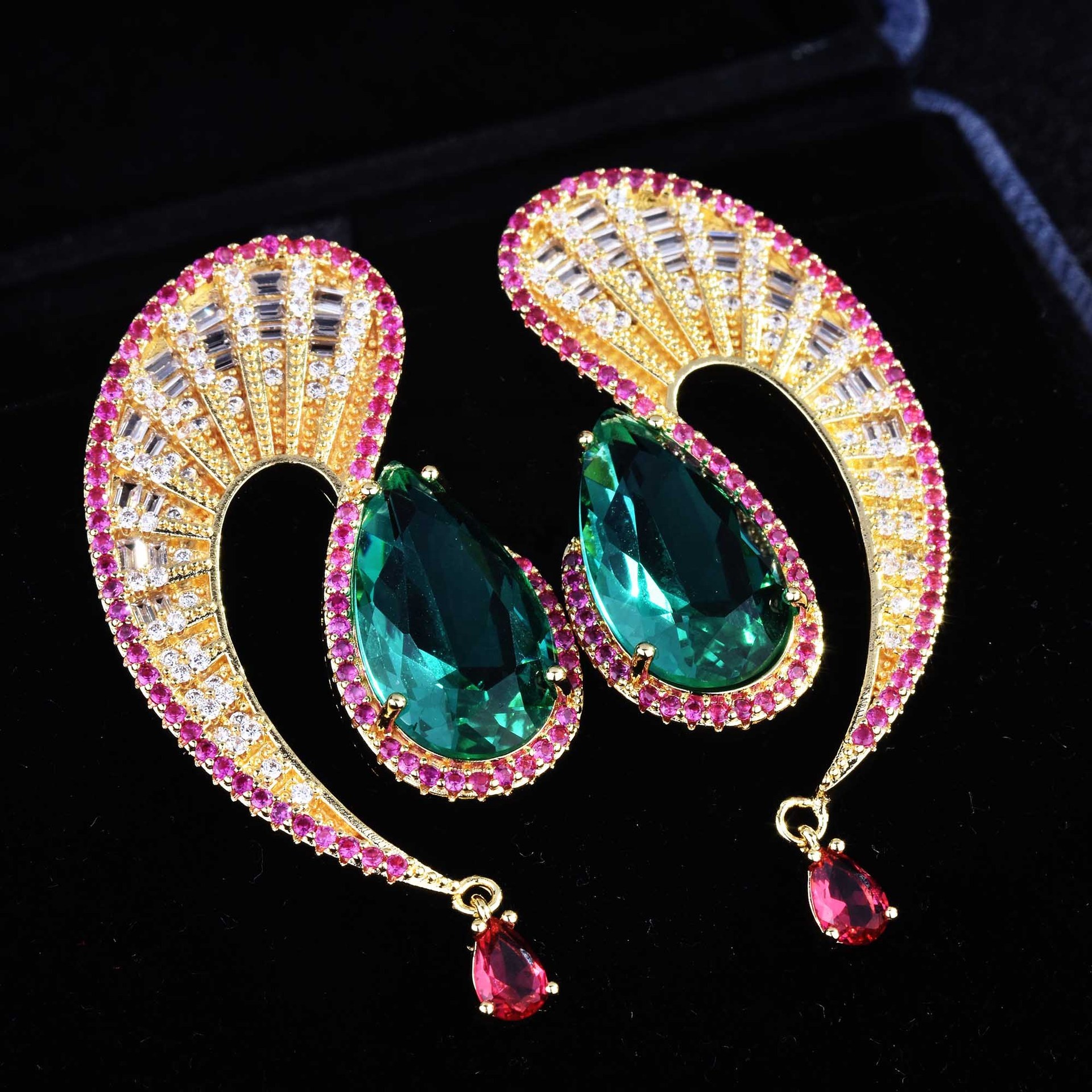 Luxury Geometric Half Round Big Water Drop Dangle Earrings for Women Cubic Zircon Wedding Costume Jewelry