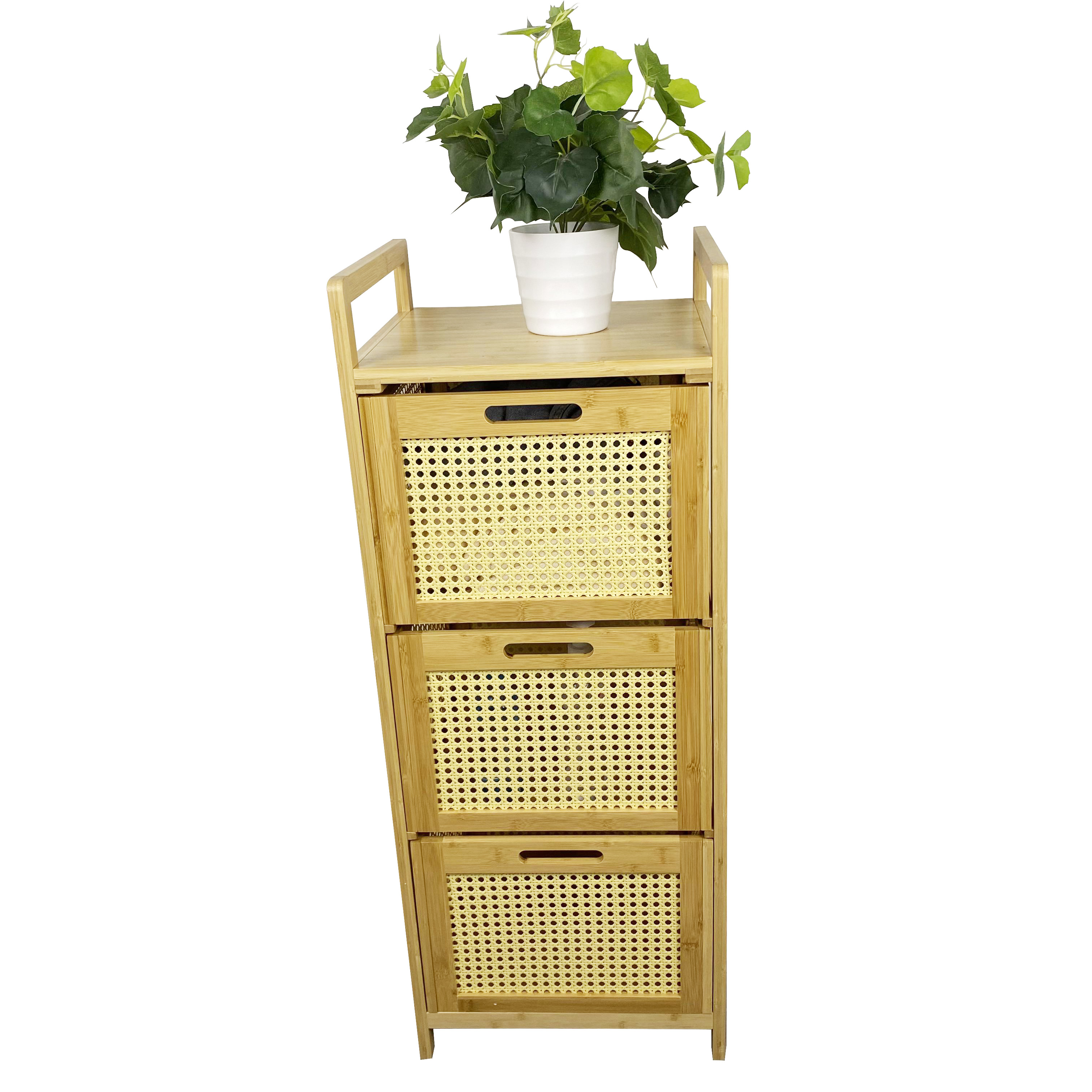 Natural 3 Tier Wood Clothing Storage Shelf Bamboo Laundry Hamper with Rattan Box