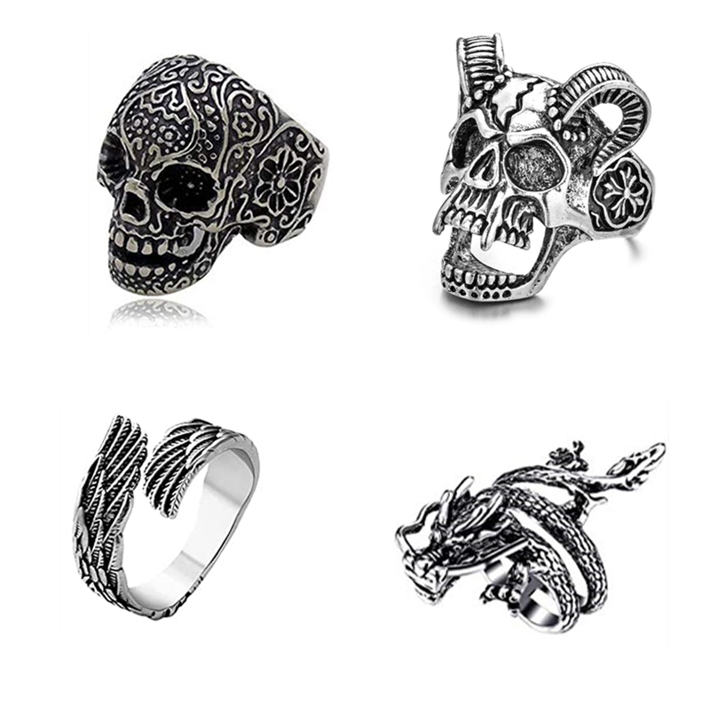 Amazon Hot Vintage Punk Rings for Men Women Adjustable Stainless Steel Finger Ring Black Crown Skull Hip Hop