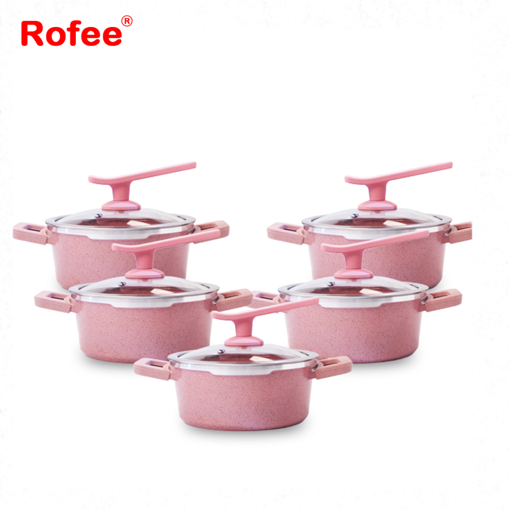 Die Casting 10 Pcs Pink Aluminum Nonstick Marble Coating Cookware Set Casserole Carrier With Soft Silicon Ear