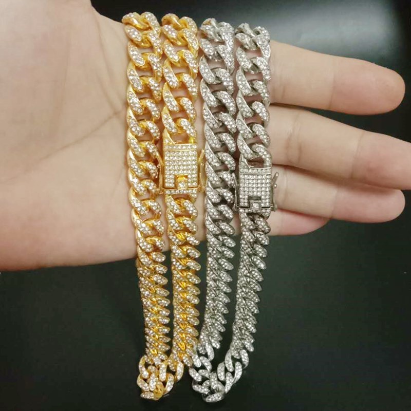 High Quality Gold Plating Hip Hop Cuban Chain Necklace Full Bling Crystal Miami Cuban Link Chain Necklace