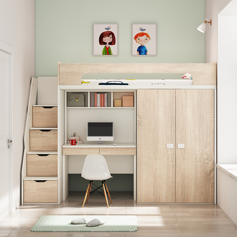 Customized High And Low Staggered Mother And Child Children Bedroom Furniture Kids' Loft Closet desk Bed With bookself Storage