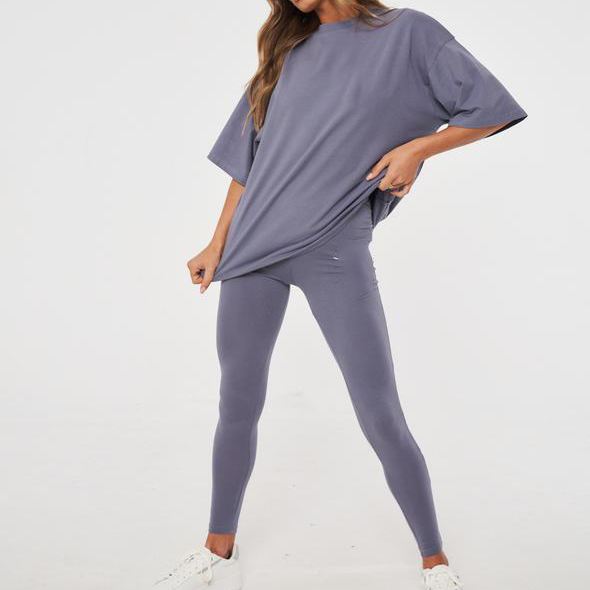 Custom Lounge Wear Sets Women Spring Short Sleeve t shirt Oversized Sports Leggings Set Women Two Pieces Pants Set