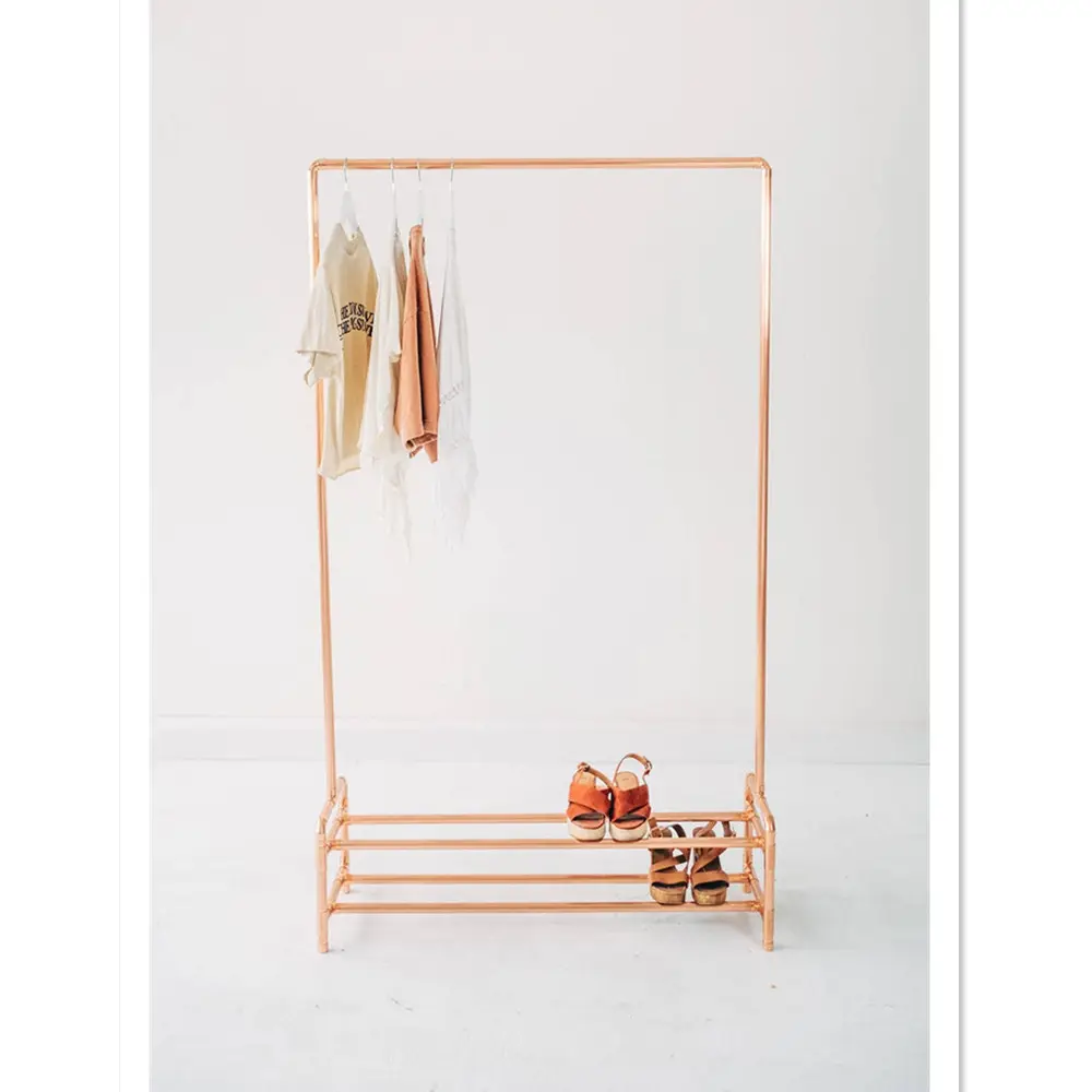 High Quality Decorative Retro Style Rose Gold Iron Industrial Pipe Clothing Dispiay Rail Rack Stand Bedroom Clothes Display Rack