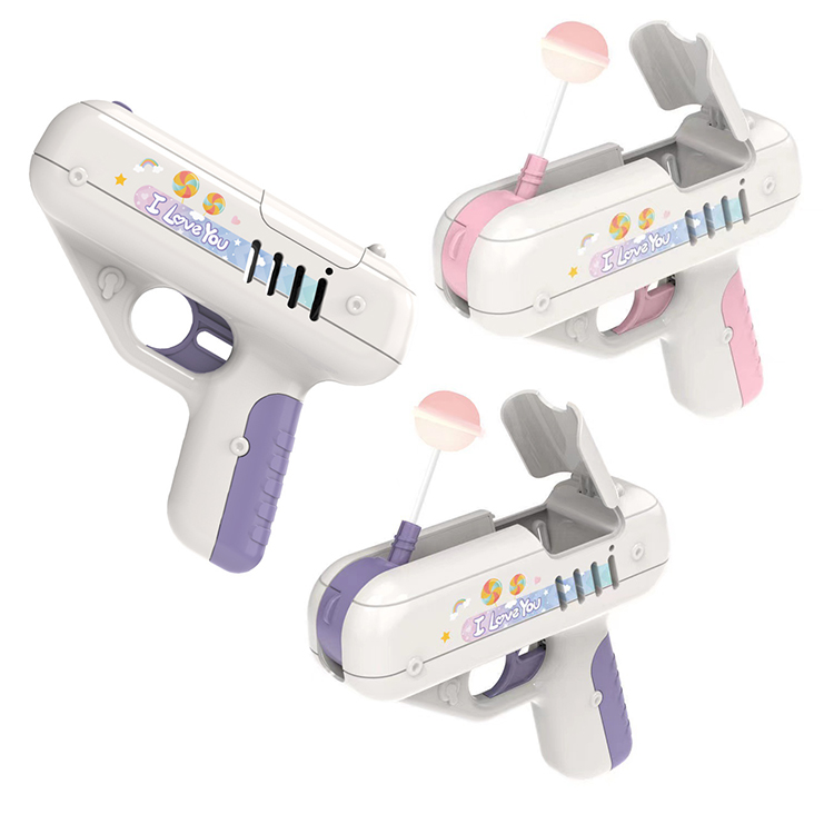2021 Yohi New Creatives Pink Color Light Sugar Vending Hand Shoot Gun Game Toy Candy Lollipop