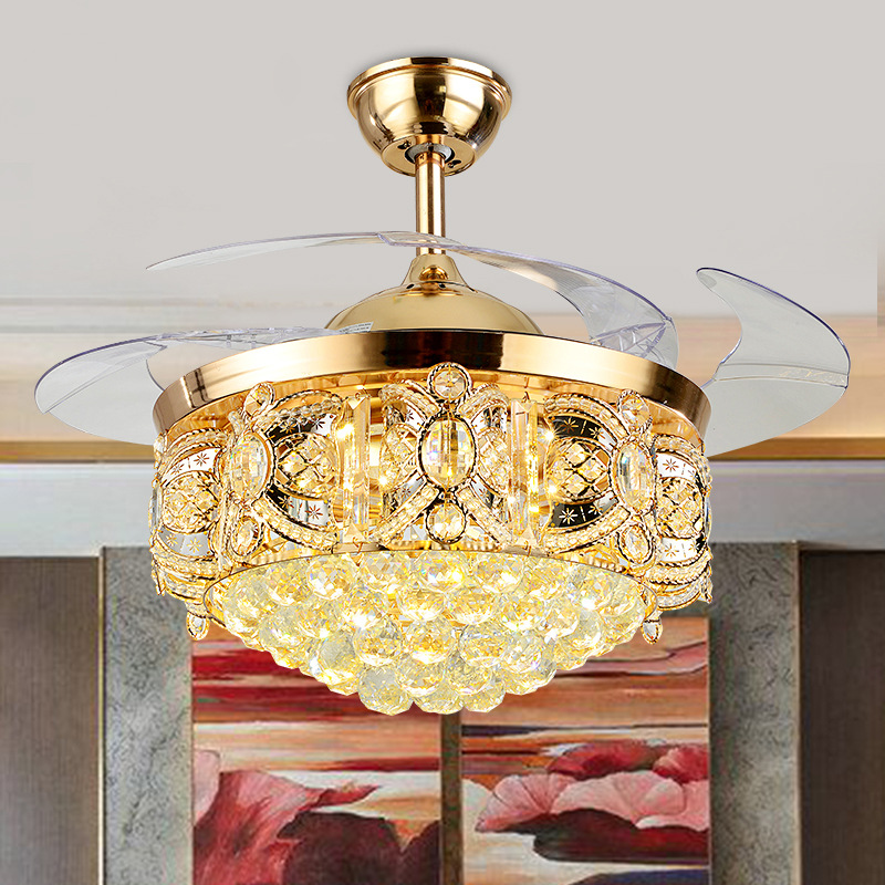 Hot Selling Dropship Guzhen Gold Color Luxury K9 Crystal Remote Control Invisible Ceiling Fan Lights Ceiling Fan with Light fan
