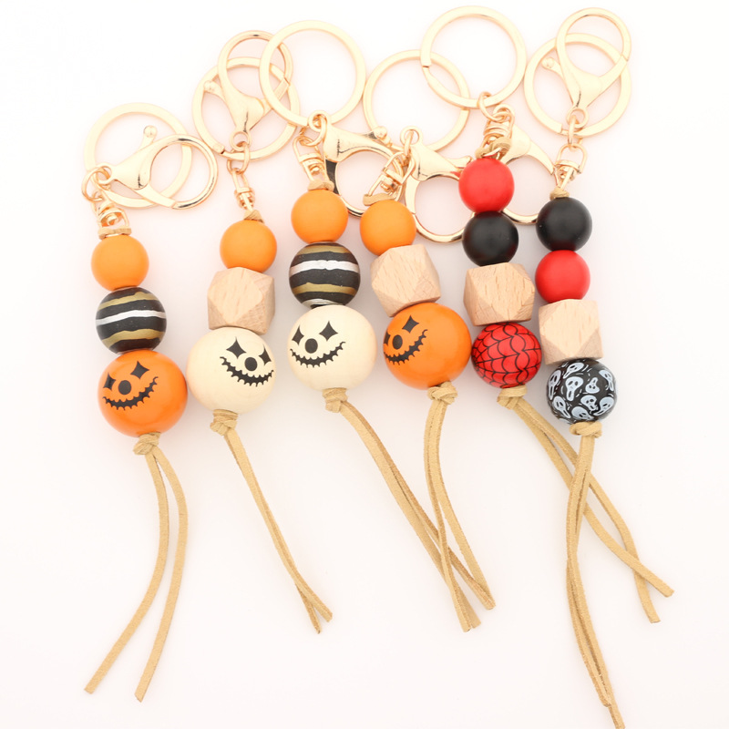 Wooden Bead Halloween Keychain For Women Geometry Silicone Beads Key Chain Accessory