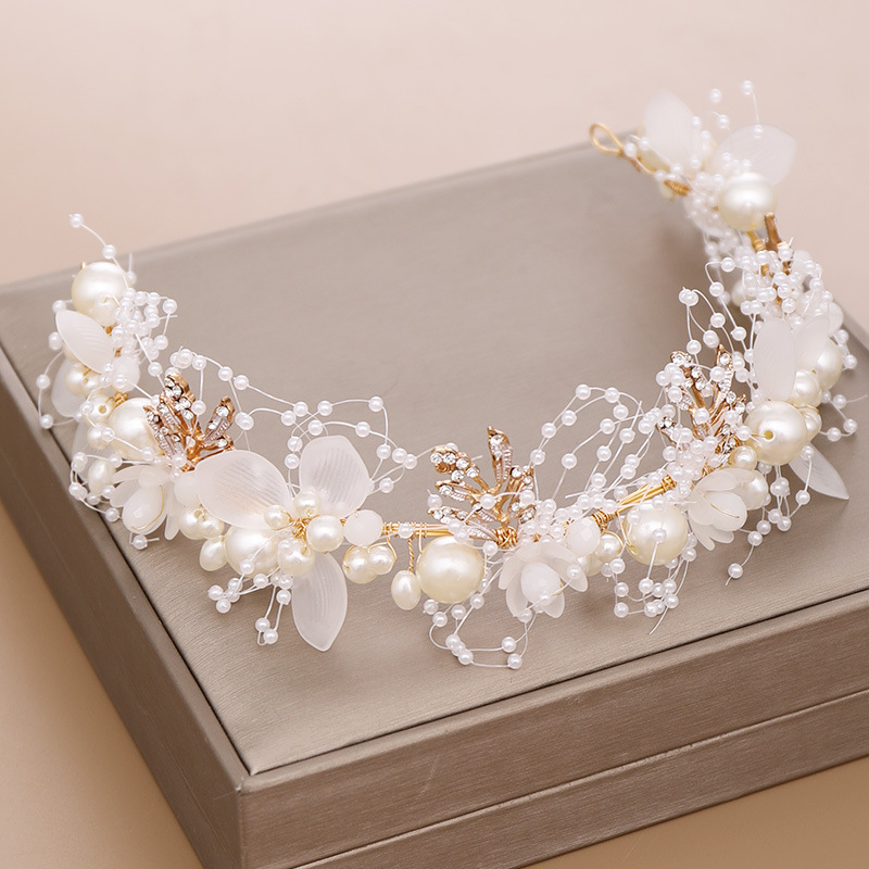 Gold Wedding Headband Bohemian Headpiece Crystal Pearl Hair Vine Flower Headband Bridal Crown