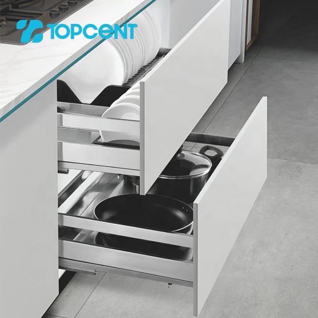 TOPCENT chrome stainless steel metal kitchen cabinet cupboard plating dish wire pull out rack sliding soft close drawer basket