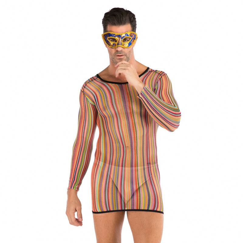 2021 Sexy Man Long Sleeve One Piece Open File Jumpsuit Bodystocking See Through Lace Lingerie