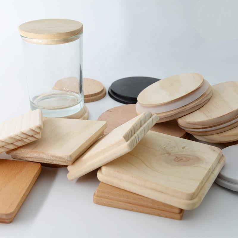 Wholesale natural round square wood candle mason cover bamboo lids with straw hole wooden lid for mug jars glass jar drink cup