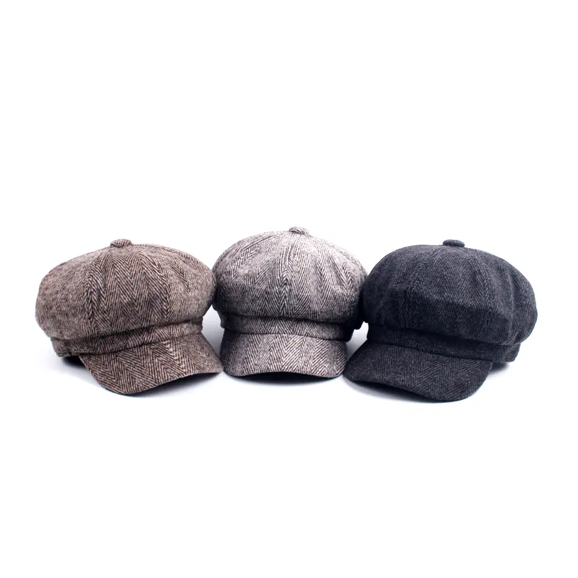 Wholesale Cheap Autumn Winter Women Woolen Octagonal Flat Beret Newsboy Cap checked Beret Painter Hats for Women