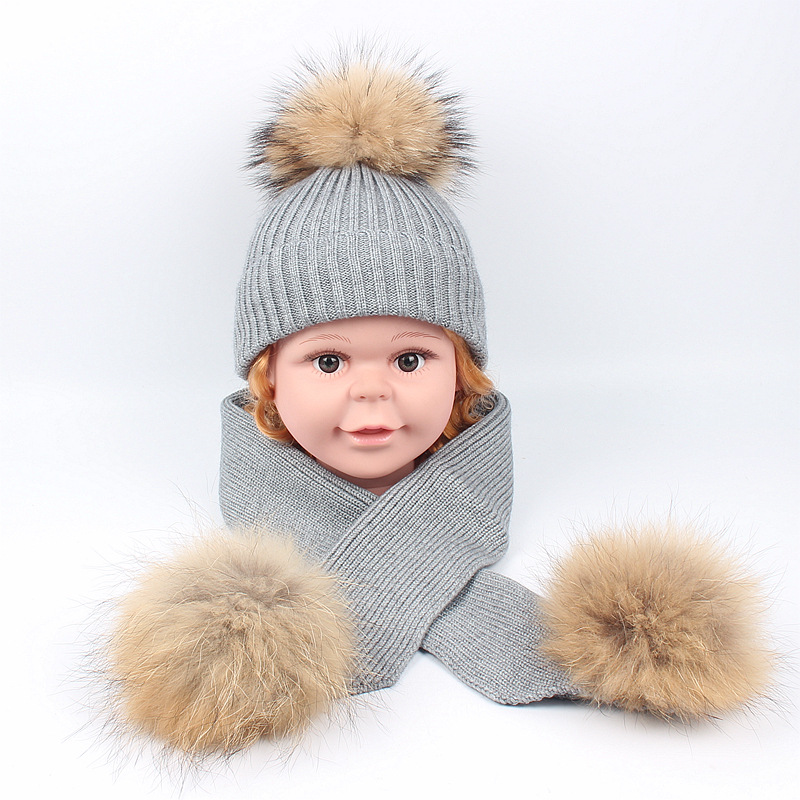 Kids winter hat scarf 2pcs set wool blend fur poms beanie scarf set for kids 1-5 years Christmas gifts
