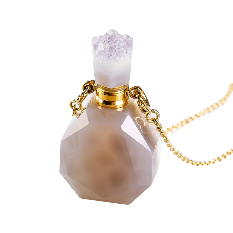 Natural High Quality Crystal Tooth Perfume Bottle Fluorite Essential Oil Bottle For Necklace Pendant For Women Purple Gifts