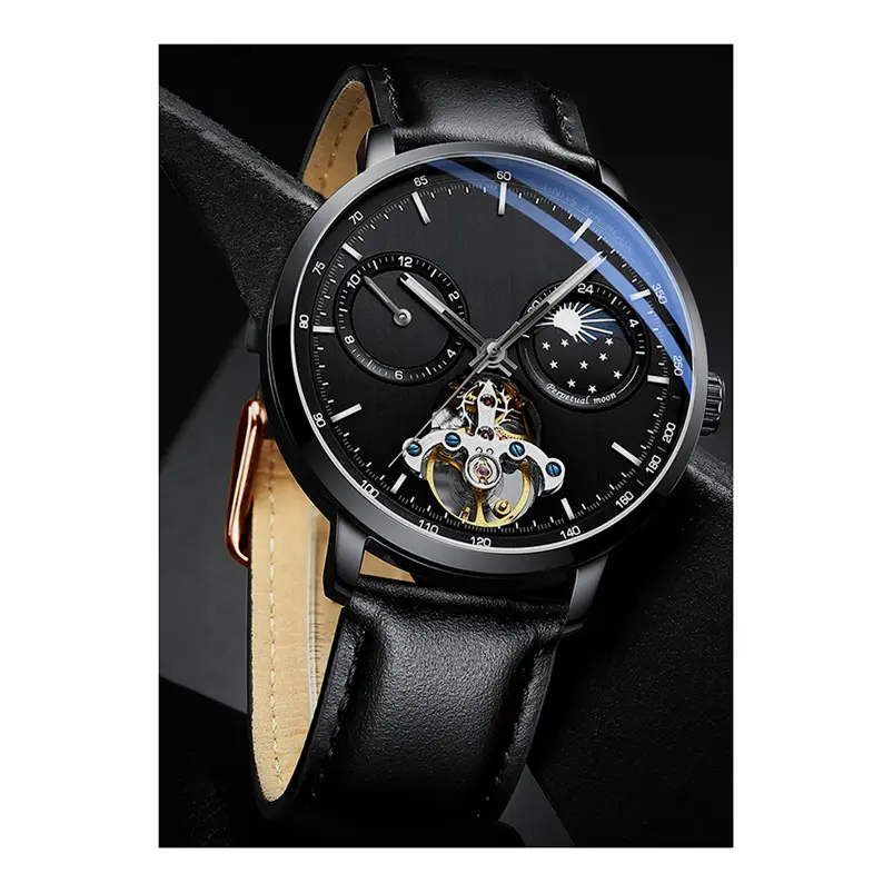 Custom Stainless Steel Case GMT Skeleton Flywheel Moon Phase Men Automatic Mechanical Watches