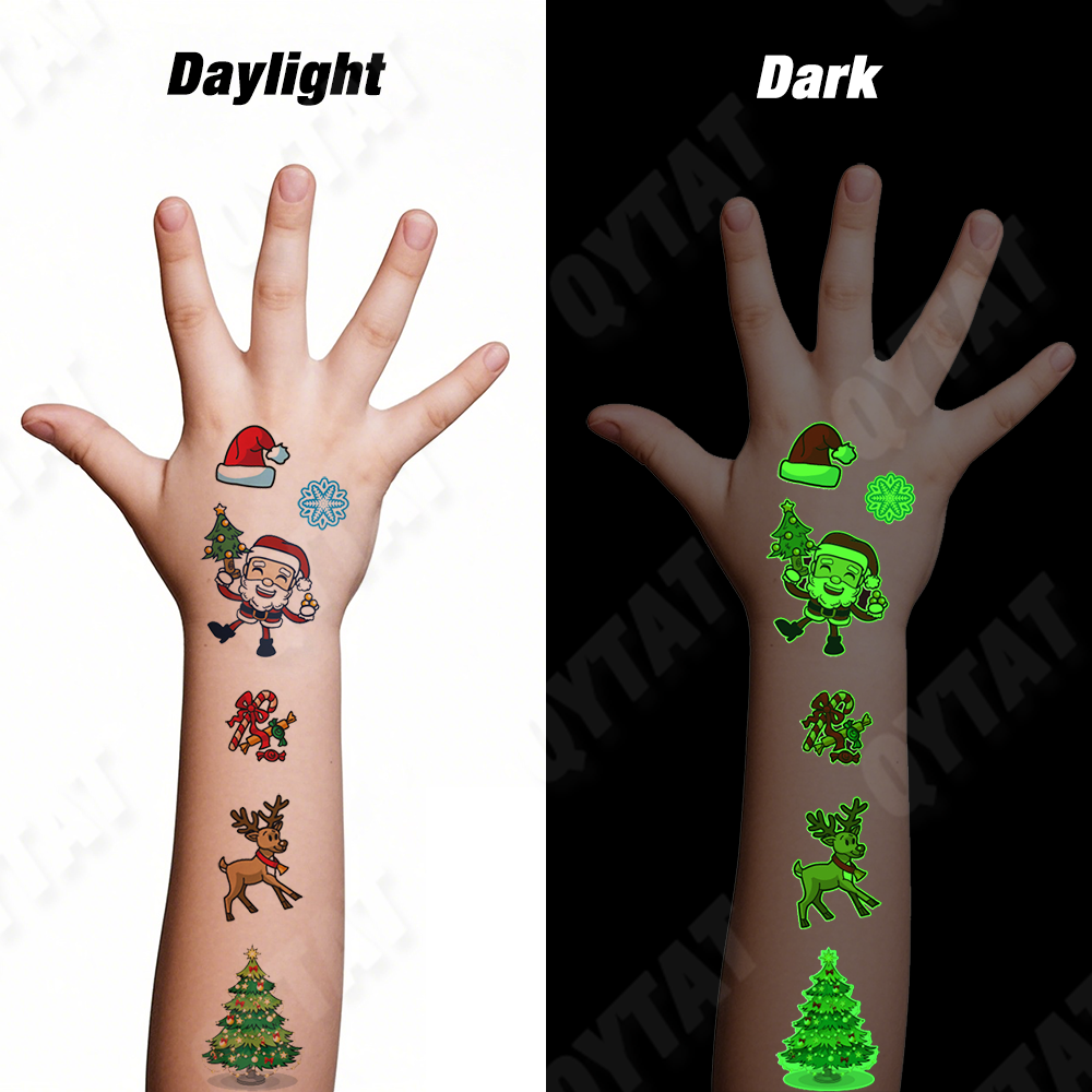 Children Kids Body Art Sticker Christmas Cartoon Luminous Face Hand Arm Temporary Fake Custom glow in the dark tattoo