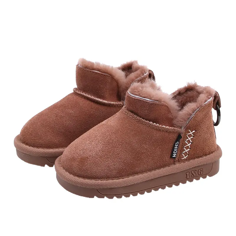 Simple design kids baby fur lined Genuine leather snow boots