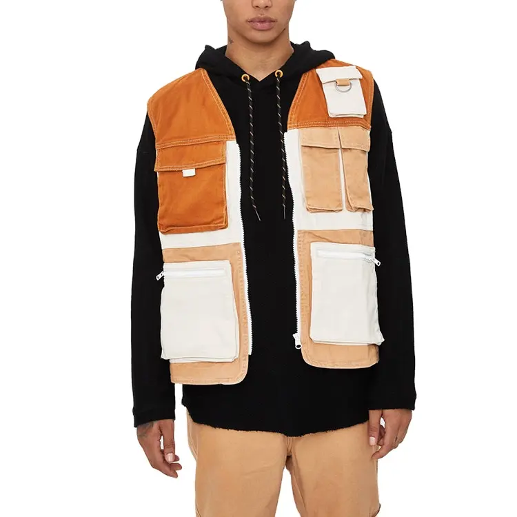 Fashion wholesale custom 100% cotton mens colorblock cargo utility vest