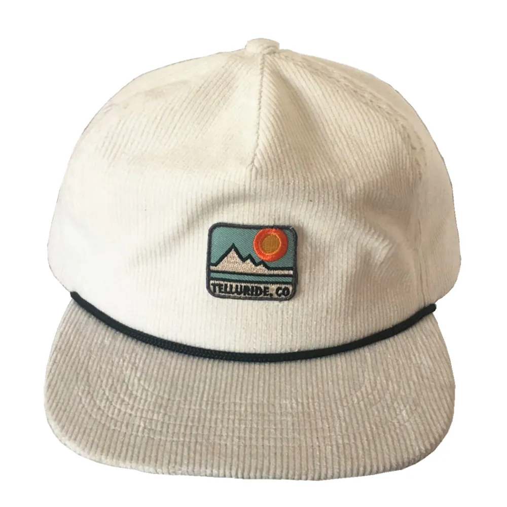Customized white corduroy 5 panel rope snapback caps with patch embroidery label