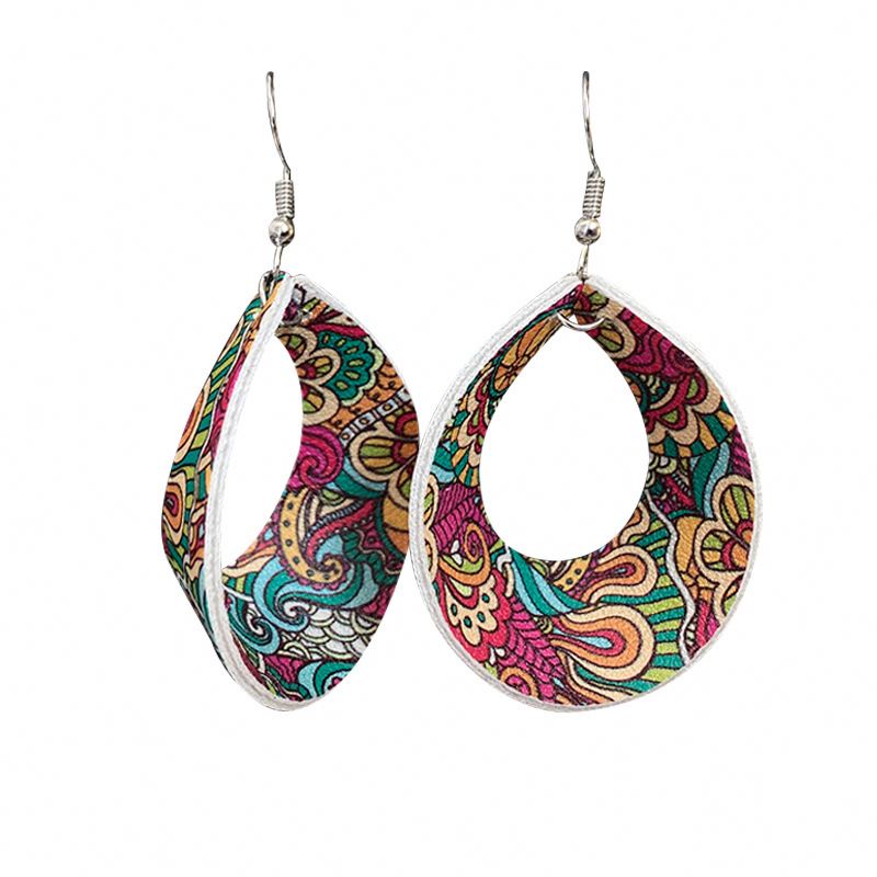 Spring/Summer Leather Print Hoop Earrings Starfish Bohemian Floral Pattern Ocean Print Ethnic Style Hoop Earrings