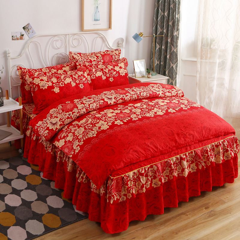 K1104 Floral Fitted Sheet Cover Set/3pcs Wedding Graceful Bedspread Fruit Flowers Fitted Sheet Bed Cover Skirt With Pillowcase