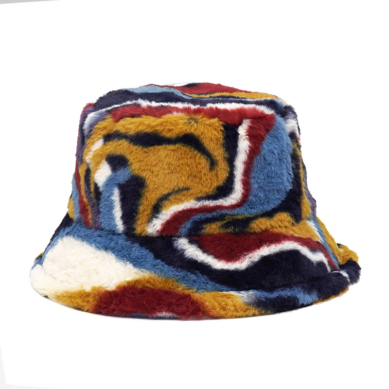 2021 Designer Vintage Furry Digital Print Colorful Rabbit Hair Fur Bucket Hat Winter Hat for Women