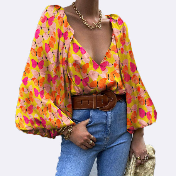 2021 Autumn Top Women Printed Suit Sexy V-Neck Blouses Girl Pub Long Sleeve Lady Single-Breasted Blouse Female Polyester Shirt