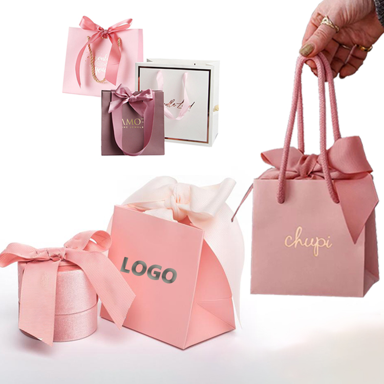 Custom small boutique Luxury cardboard pink shopping gift jewellery pouch box and jewelry packaging paper bag with ribbon handle