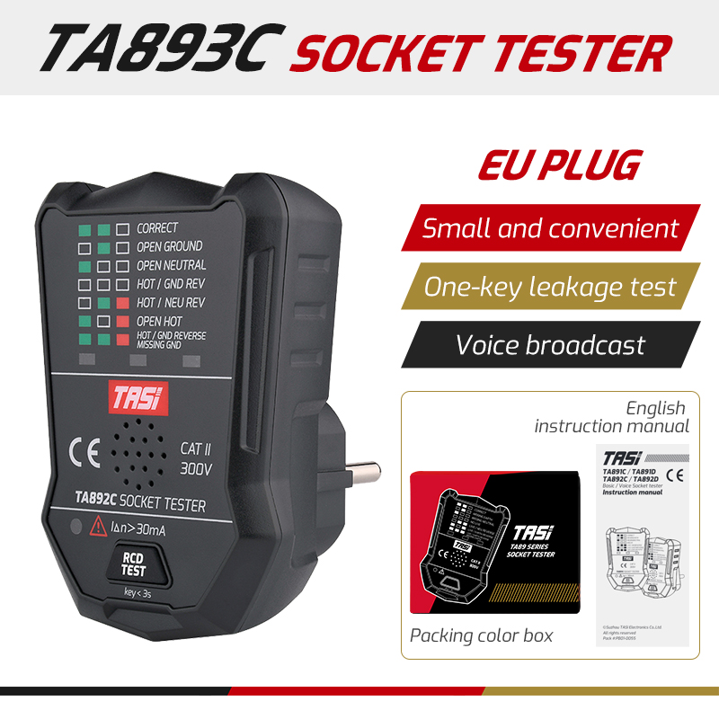 TASI TA892C 175V~250V Voltage Tester Voice RCD GFCI Tester EU Plug European Wall Socket Tester