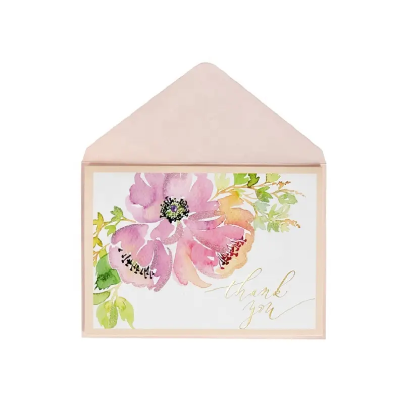 New Design Pink Floral Thank You Cards with Envelope, Watercolor Foil Customized Handmade Greeting Cards