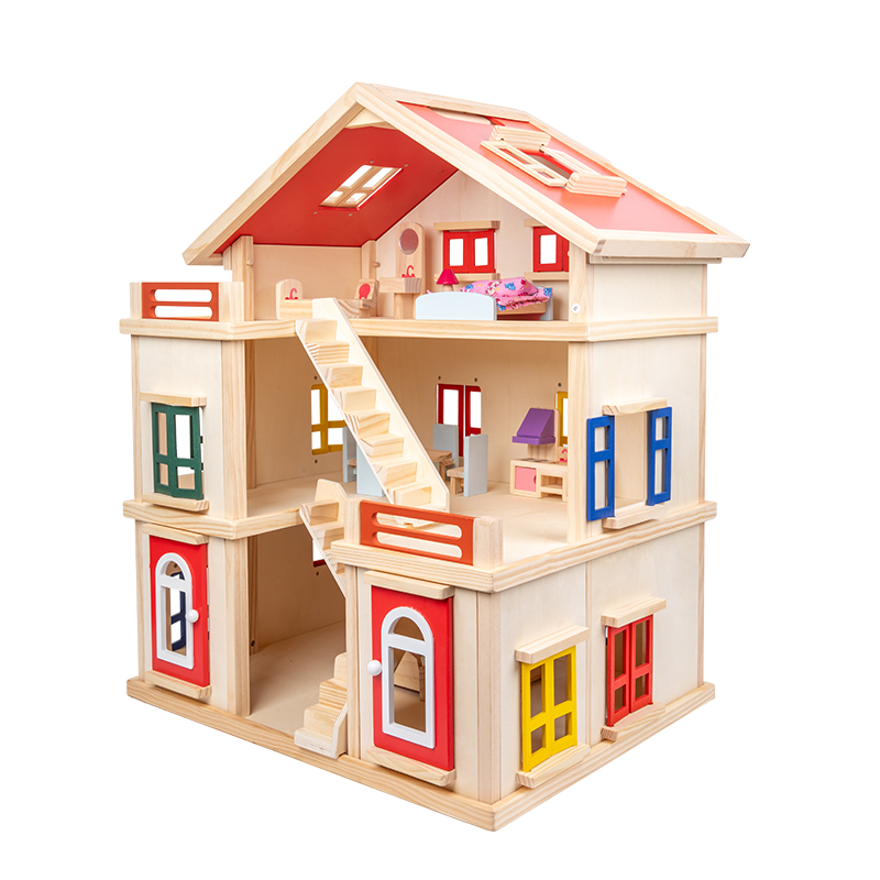 Wholesale Factory Pretend Role Play DIY Educational Toy Big Kids Wooden Doll Villa With Accessories Doll Room Furniture