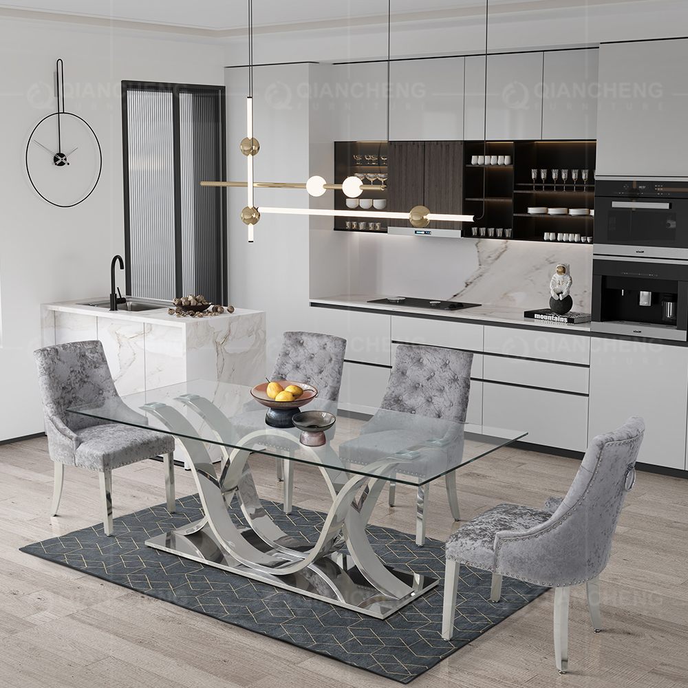 Modern Furniture Silver Dinner Room Table and Chairs Mirror Glass Top Dining Table Set Transparent Metal OEM Tempered Material
