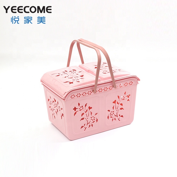 Hollow Out Flowers Pattern Storage Basket Yeecome Brands Double Open Lid Plastic Basket With Double Handle