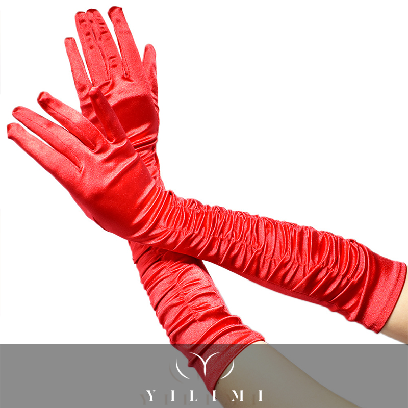 Sexy ruched opera performance long gloves fashion ladies wedding elegant satin gloves