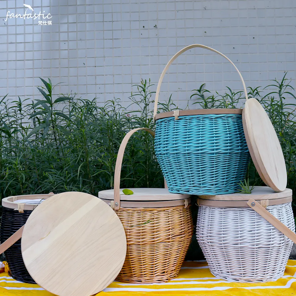 Handmade Insulated With Lid Outdoor Round Camping Wicker Willow Hamper Picnic Bread Basket With Cooler