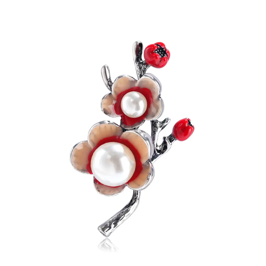 LUOXIN Wholesale Dripping Oil Pearl Red Flower Silver Brooch Pin for Women