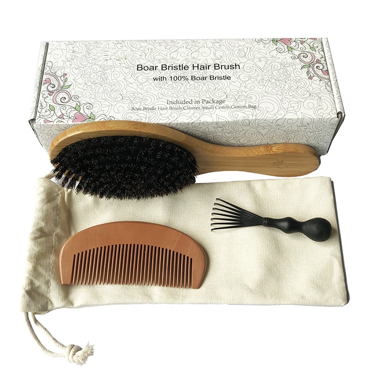 Natural boar bristle bamboo hair brush eco friendly wood hair brush and comb set