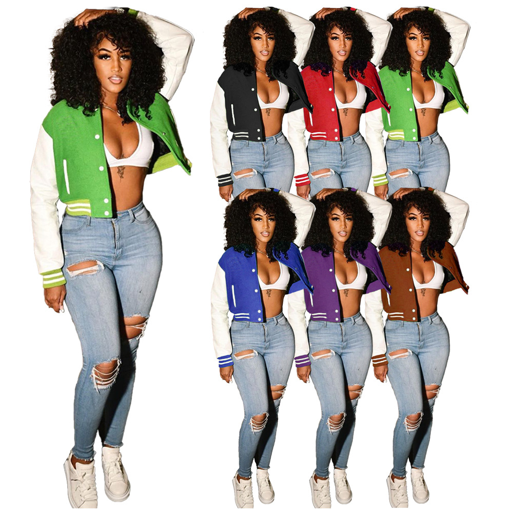 2021 Fall Ready To Ship Women Cropped Letterman Jackets Long Sleeves Coats Leather Bomber Jacket Custom Baseball Jacket